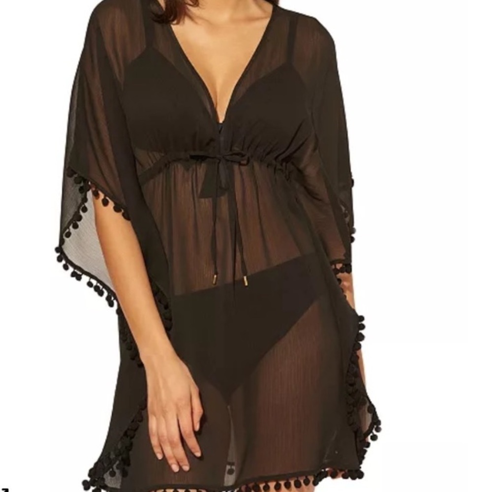 Bleu Rod Beattie black sheer pom pom coverup S